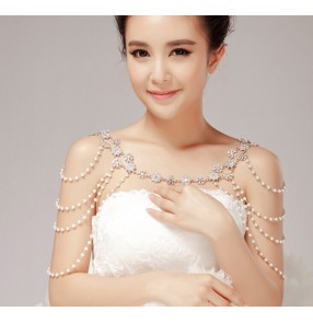 White Silver alloy beaded diamond women's ladies wedding evening party bridal cape necklace jewelry neck acessories